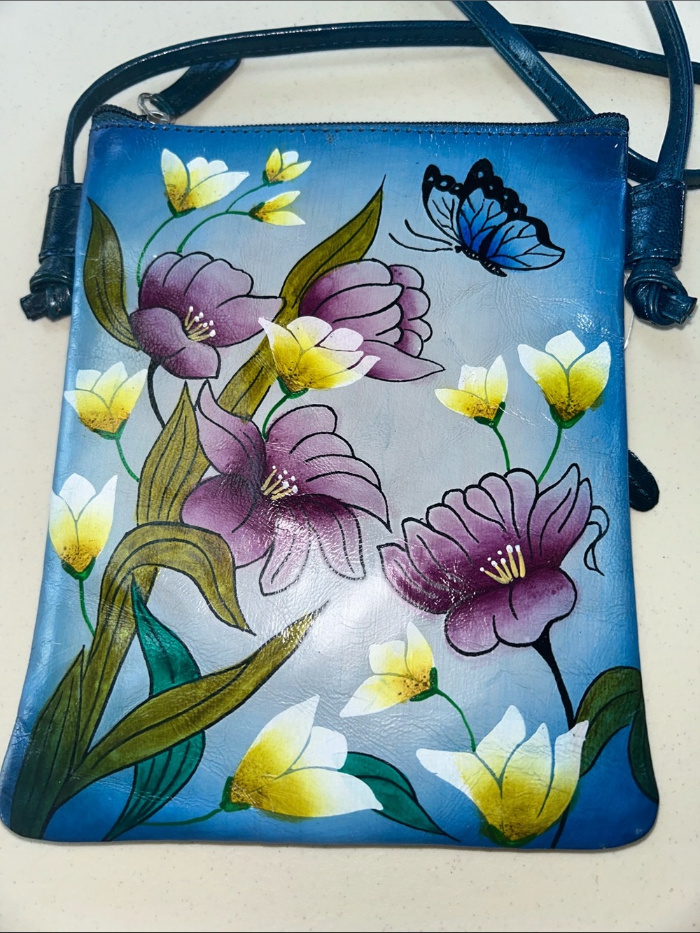 Blue Floral Crossbody Bag with Butterfly Accent